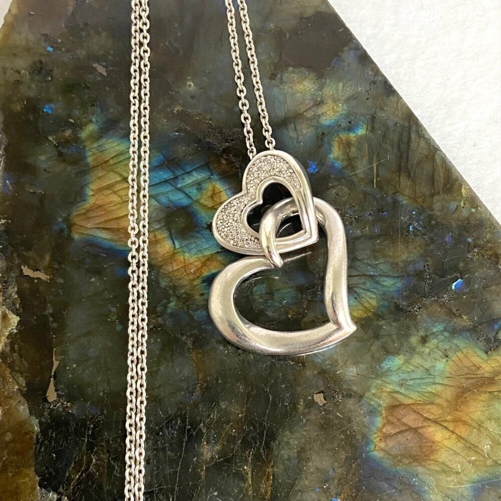 Sterling Silver 925 HOB Double Open Heart Pave Diamond Necklace 19.5" Chain